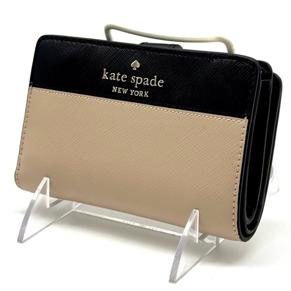 Kate Spade Leila Medium Pebbled Leather Compact Bifold Wallet Tan/Black - Picture 1 of 9